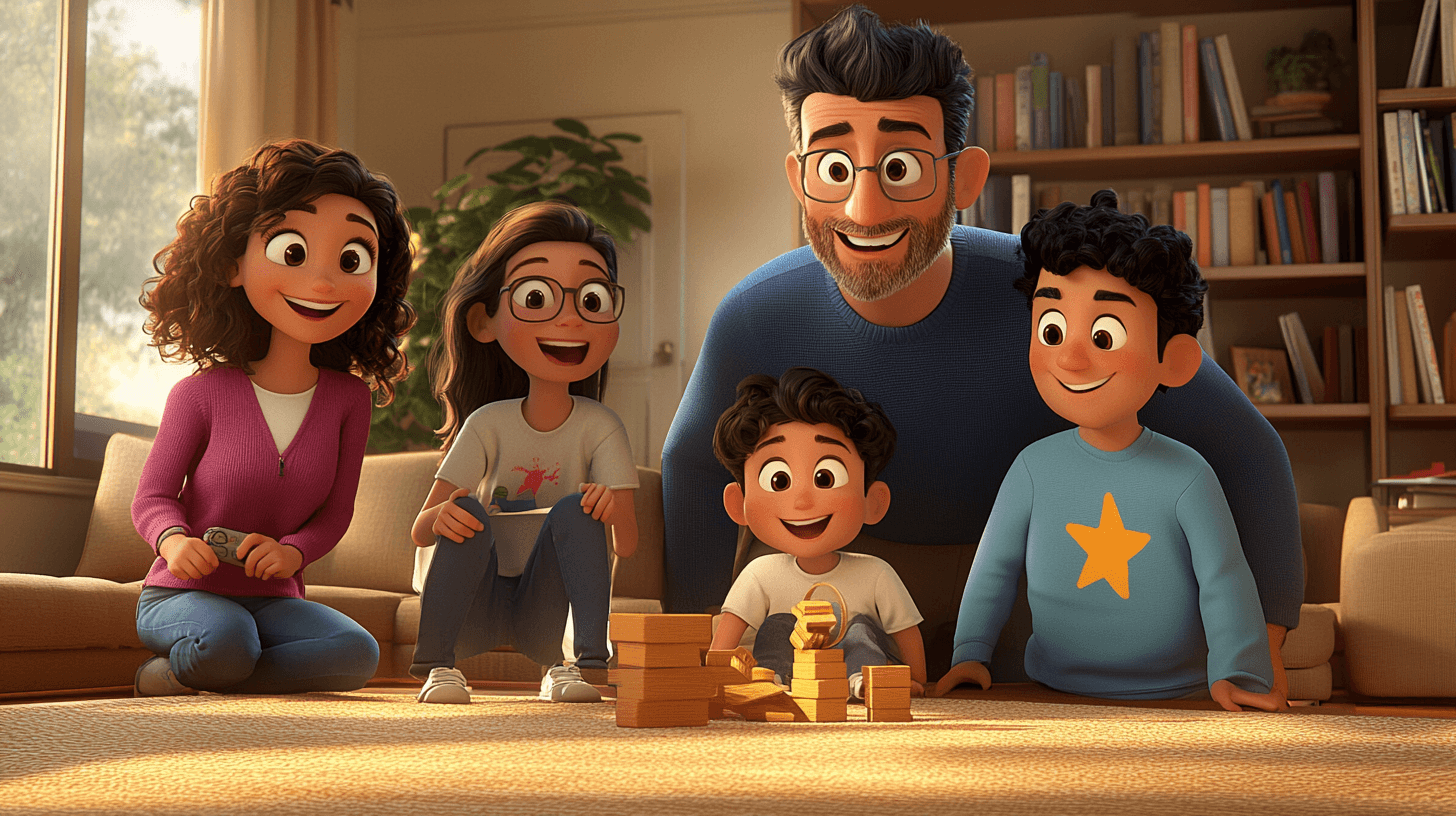 Maya, David, Alex, Tim, and Sofia together in the living room