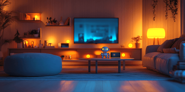 A warmly-lit living room with devices scattered throughout.